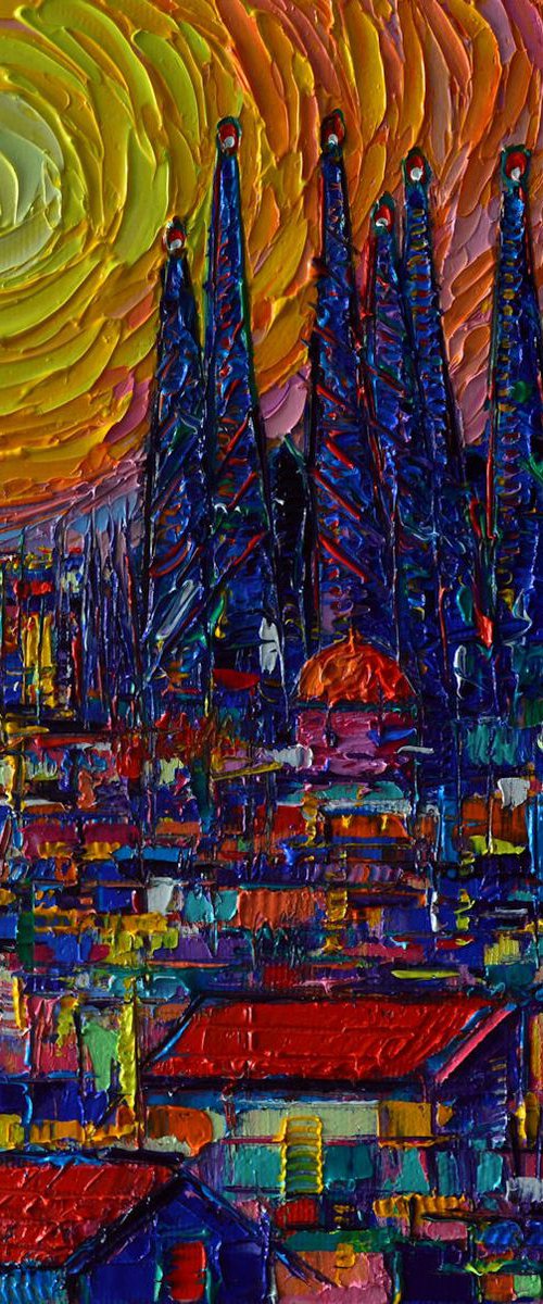 ABSTRACT BARCELONA COLORFUL SUNSET OVER SAGRADA FAMILIA  abstract stylized cityscape impasto contemporary impressionist palette knife oil painting by ANA MARIA EDULESCU