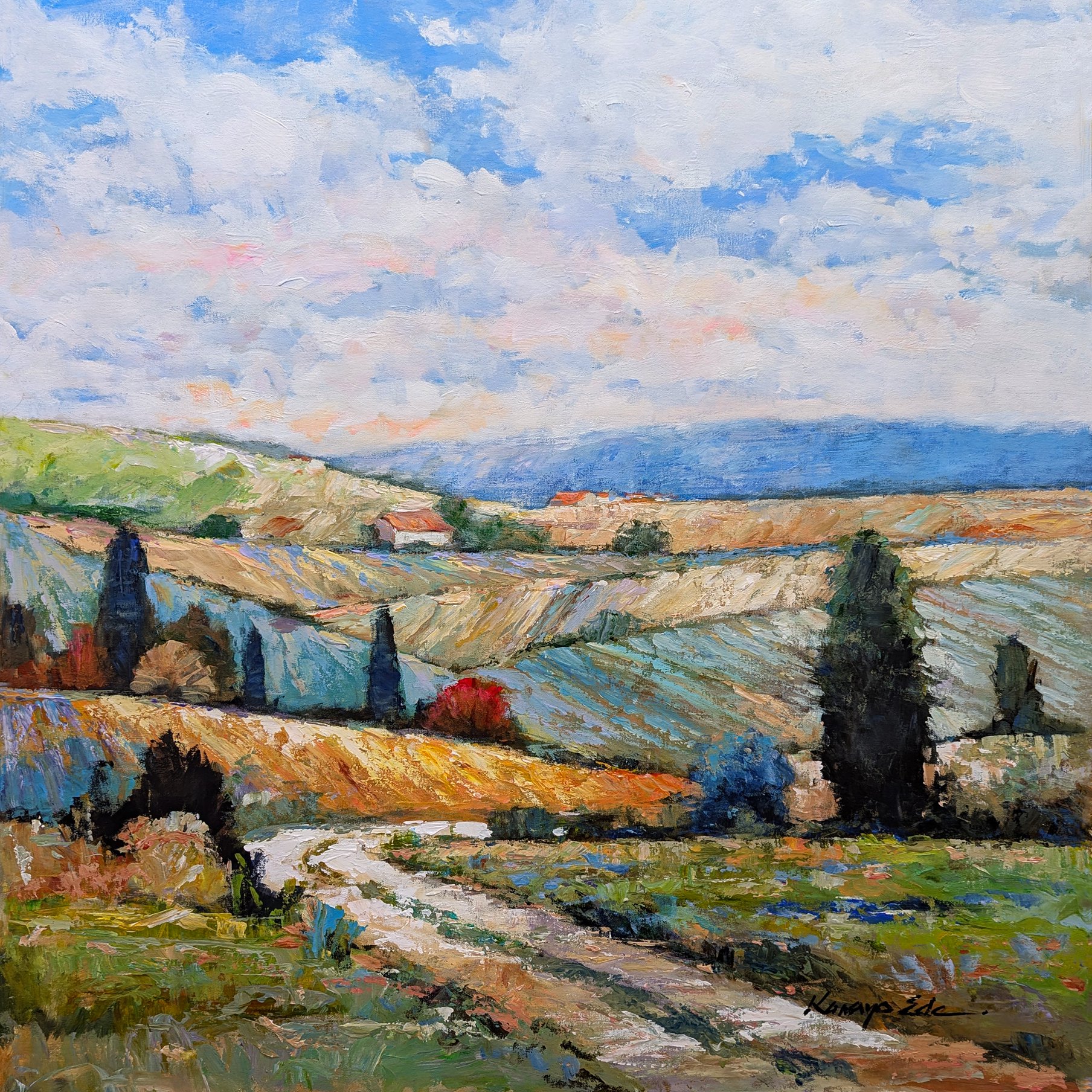 Impressionistic Landscape Acrylic Painting By Kanayo Ede, 36 X 36", Wine Country, Original Artwork