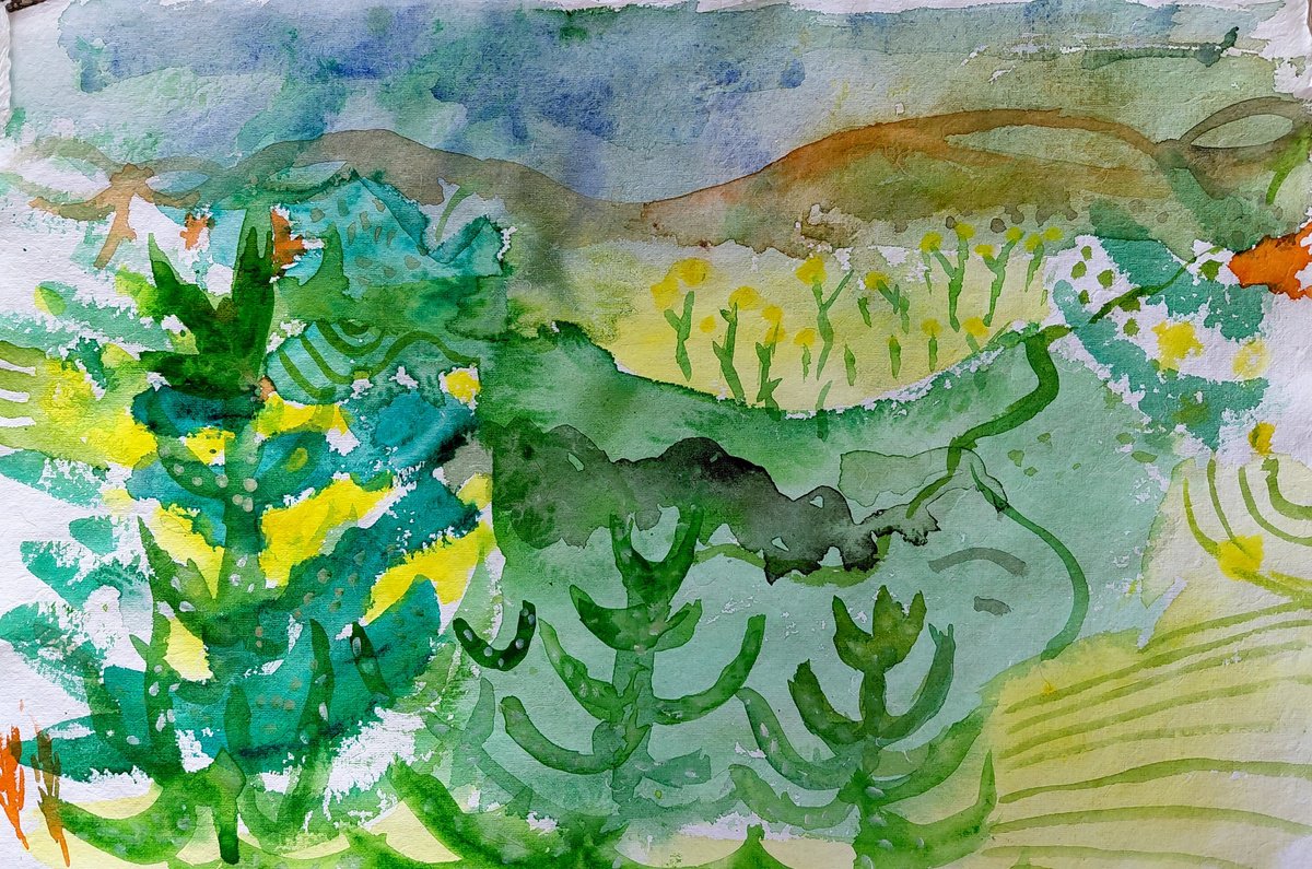 Expressive Landscape Watercolour By Kelly Norman, 19 X 13", Yell, Original Artwork