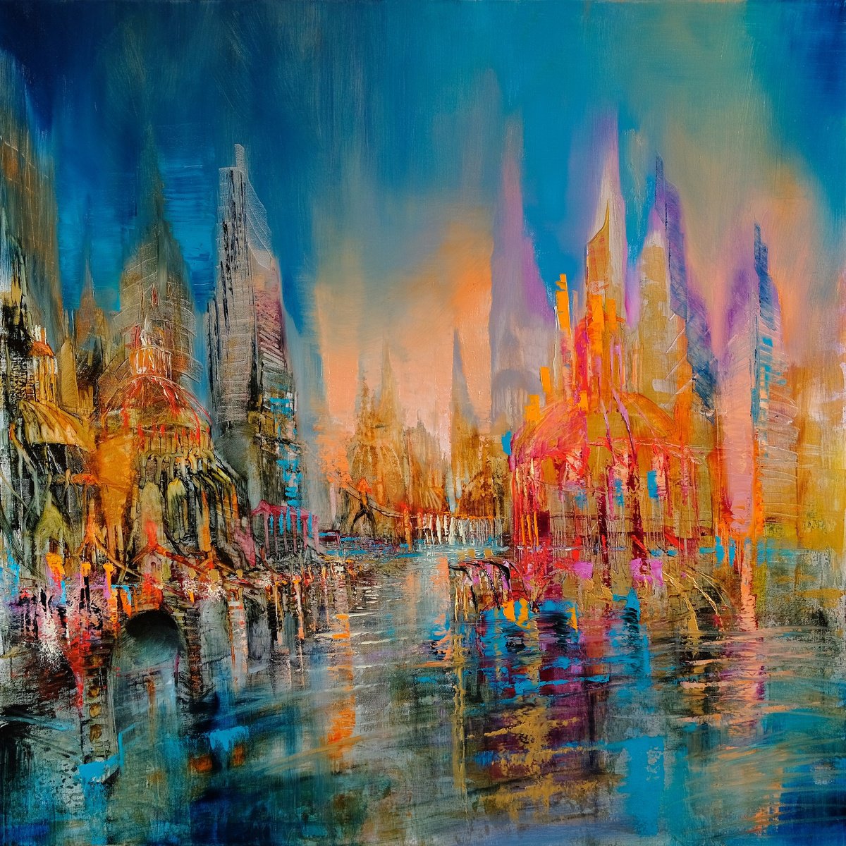 Impressionistic Cityscapes Oil Painting By Annette Schmucker, 39 X 39, The City At The River Side, Original Artwork