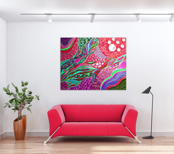 Viva Magenta Love - Large red green lilac abstract painting 100x80 cm