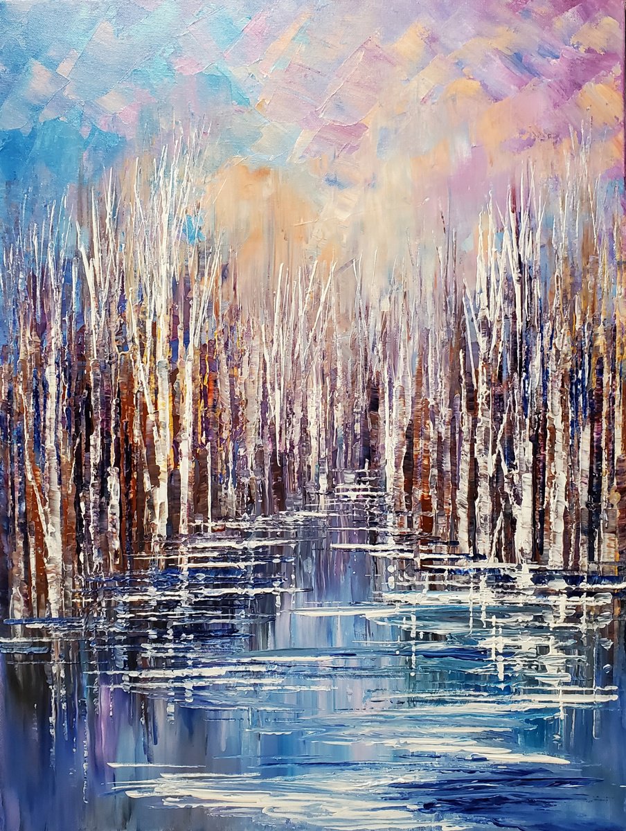 Impressionistic Landscape Acrylic Painting By Tatiana Iliina, 18 X 24", Lakeside Solitude, Original Artwork