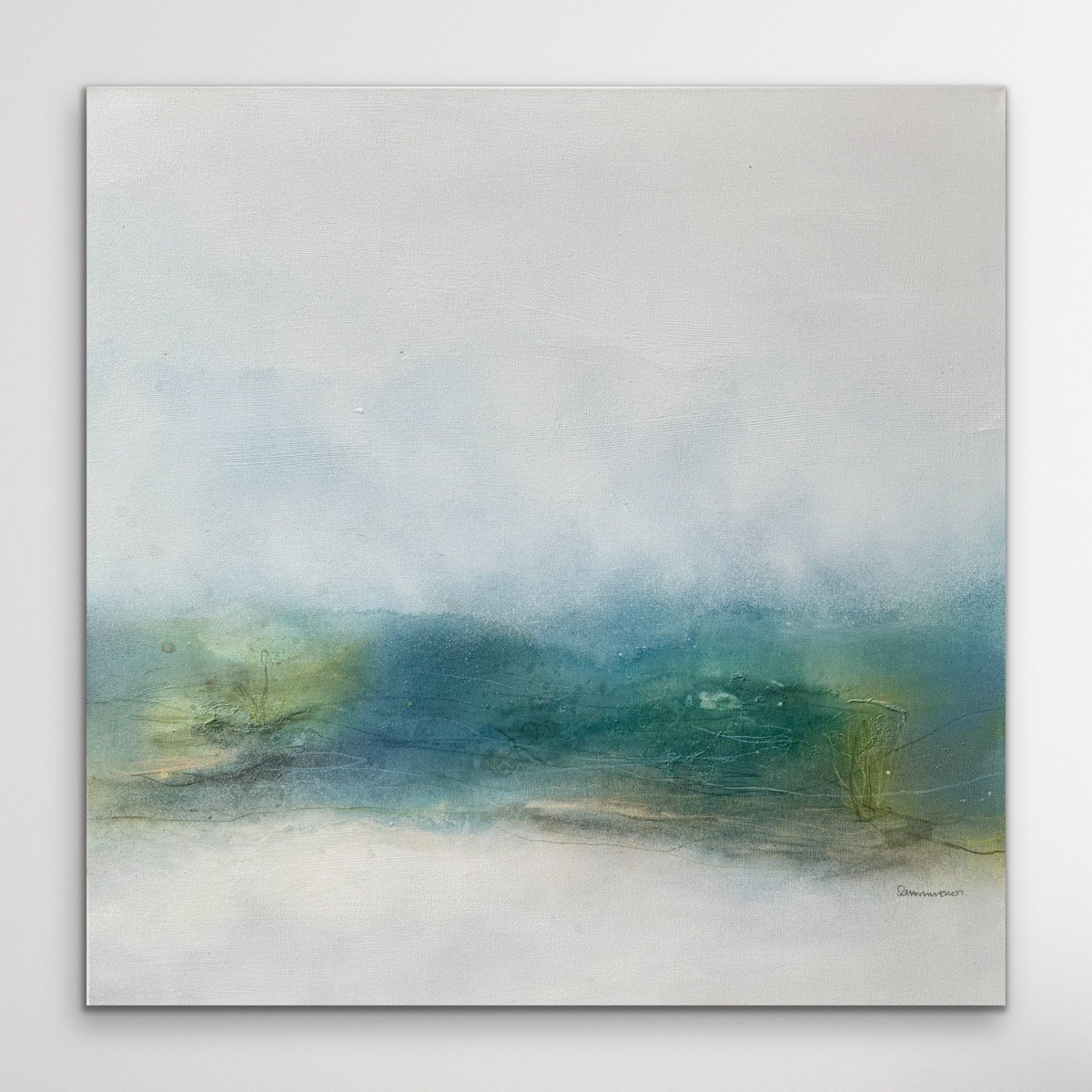 Abstract Landscape Acrylic Painting By Kirsten Schankweiler, 31 X 31", Mystical Mornings: Fog Dancing On The Lake No. 1, Artfinder