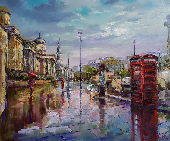 Streets of London - cityscape oil painting, raining city scene