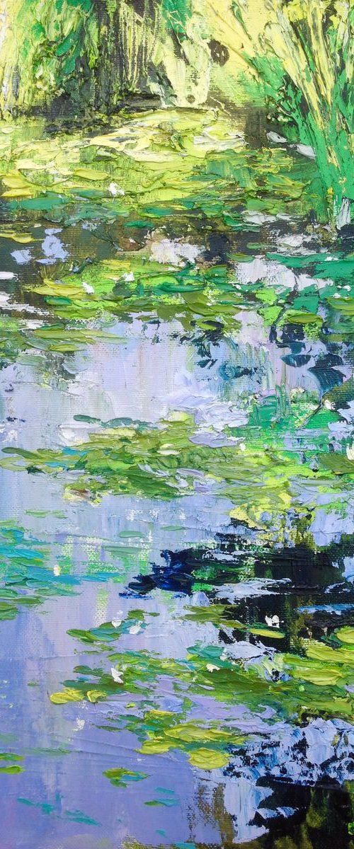 Abstract water lilies pond oil painting landscape river sunlight by Nataliia Nosyk