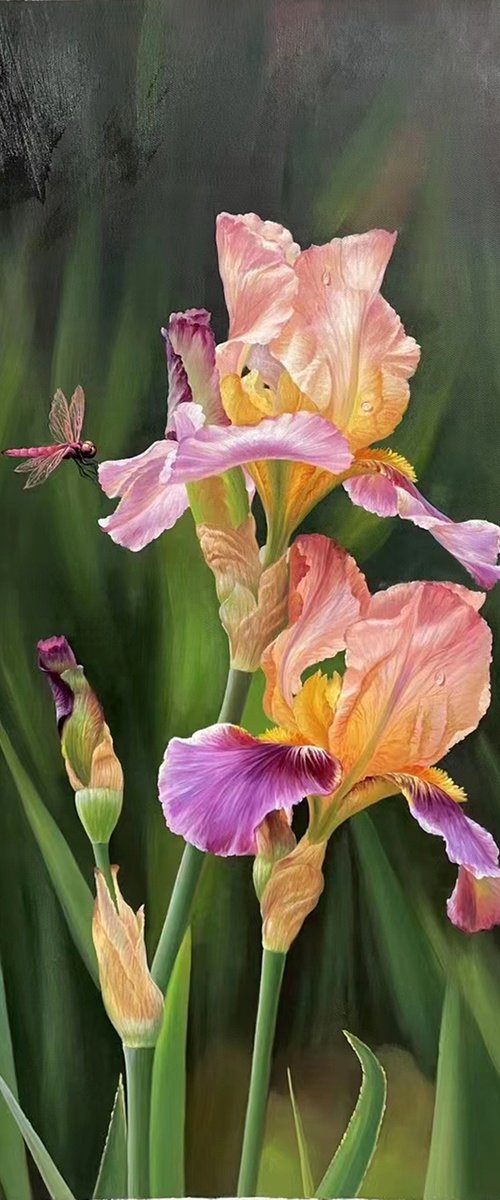 Realism oil painting:flowers with dragonfly t216 by Kunlong Wang