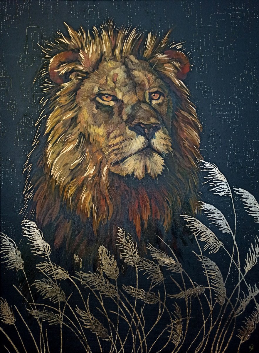 Lion in savannah by Alona Vakhmistrova