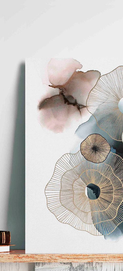 "Golden Molecules" Abstract navy gold art by Marine Boiko