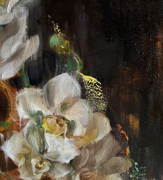 ORANGE KIMONO WHITE ORCHIDS