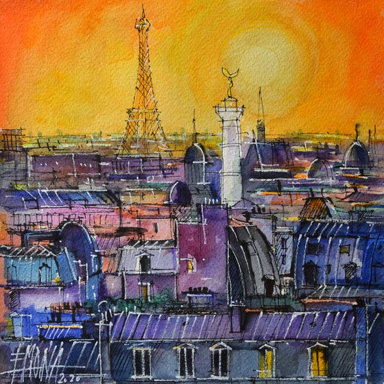 PARIS ROOFTOPS IN SUNLIGHT watercolor painting Mona Edulesco