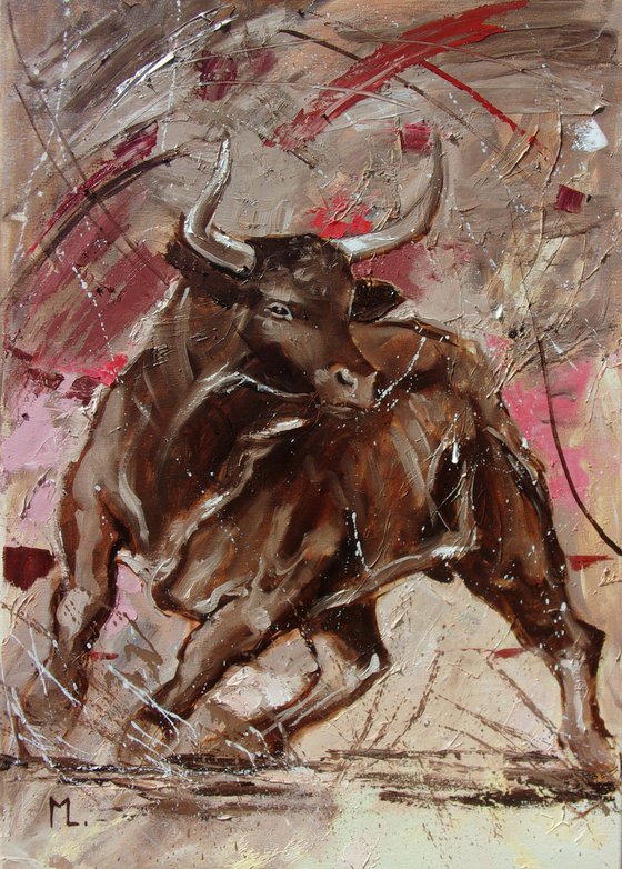 " POWERFULL ... " -  BULL original oil painting on canvas, gift,  PALETTE KNIFE TORRO hossa