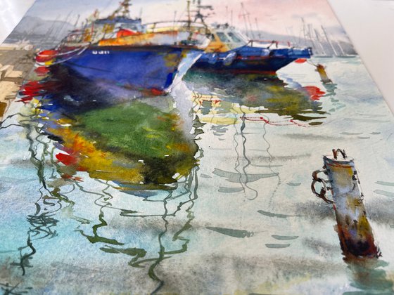 Ship in port, Watercolor painting