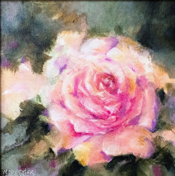 "Romantic rose" - small size FRAMED - mixed media on canvas