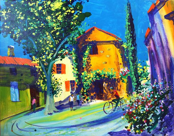 'MIDDAY IN A PROVENCE VILLAGE' - Large Acrylics Painting on Canvas