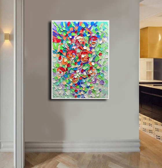 Roots of Love - 3D Textured Abstract Flowers Painting on Canvas, Original Green Red Blue Nature Textured Tree Painting - SIZE: 24 X 32 INCHES (60 X 80 CM)