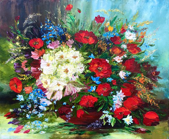 SUMMER WILDFLOWERS - Summer still life. Beautiful bouquet. Wildflowers. Red poppies. Wild daisies. Lush. Colorful.