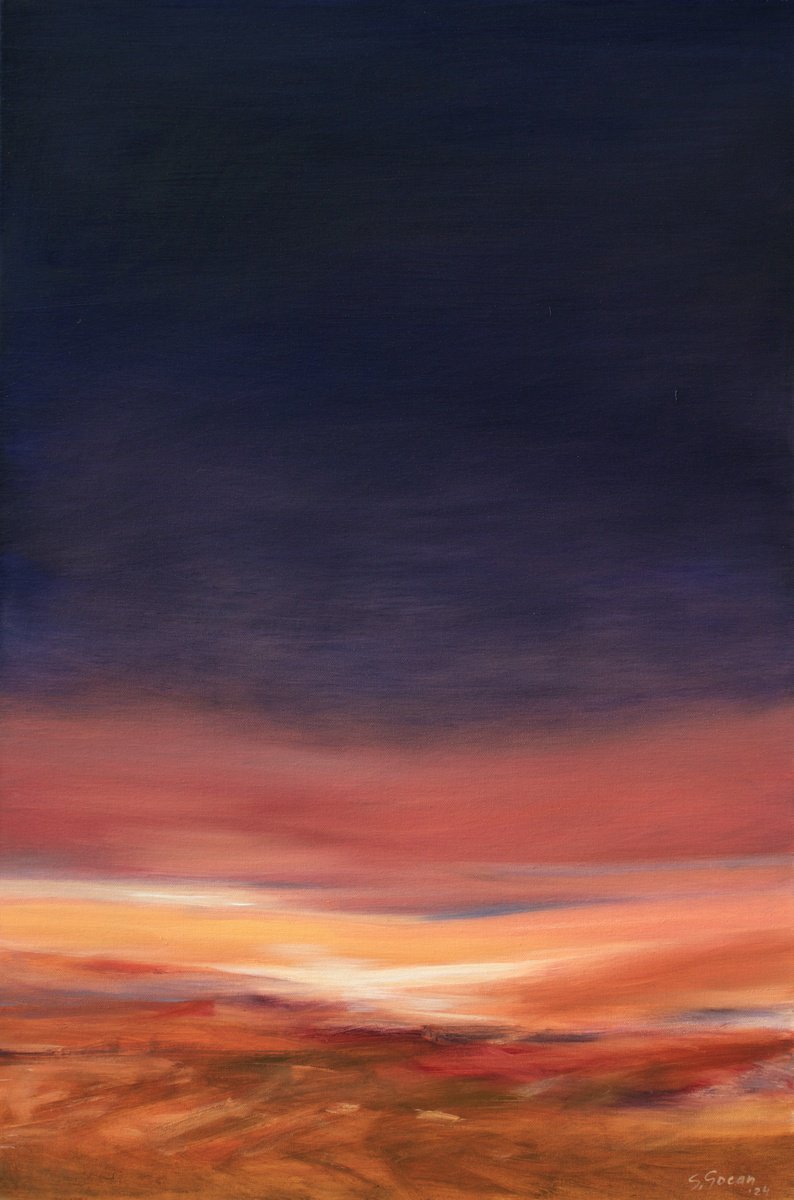 Abstract Landscape Oil Painting By Simona Gocan, 24 X 36", Sunset In The Desert #2, Original Artwork
