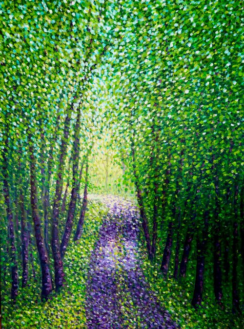 Path in the Green Forest, landscape pointillism by Cristina Stefan