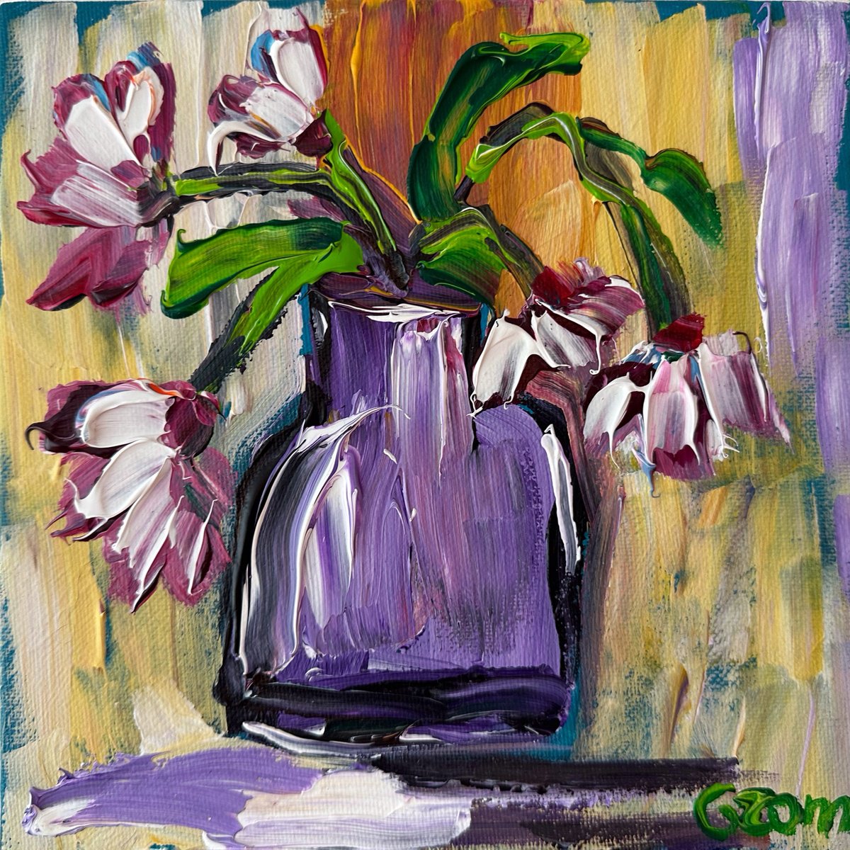 Impressionistic Botanical Acrylic Painting By Oksana Fedorova, 8 X 8", Abstract Flowers Acrylic, Original Artwork