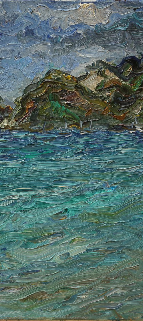 MARMARIS BAY - landscape oil painting, marina seascape, beach,  boat, turkish Turkey bay - home decor interior art  65x70 by Karakhan