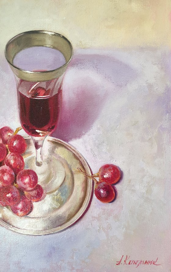 "Wine and grapes." still life summer grape liGHt original painting  GIFT (2020)