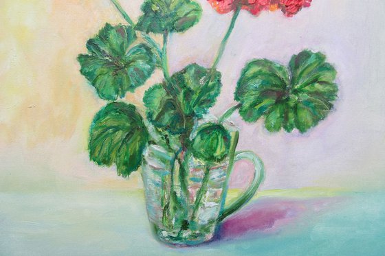 A Geranium Branch in a Glass Original Handmade Oil Painting Small Red Still Life Floral Blooming Gift for Home or Woman 30x30cm.