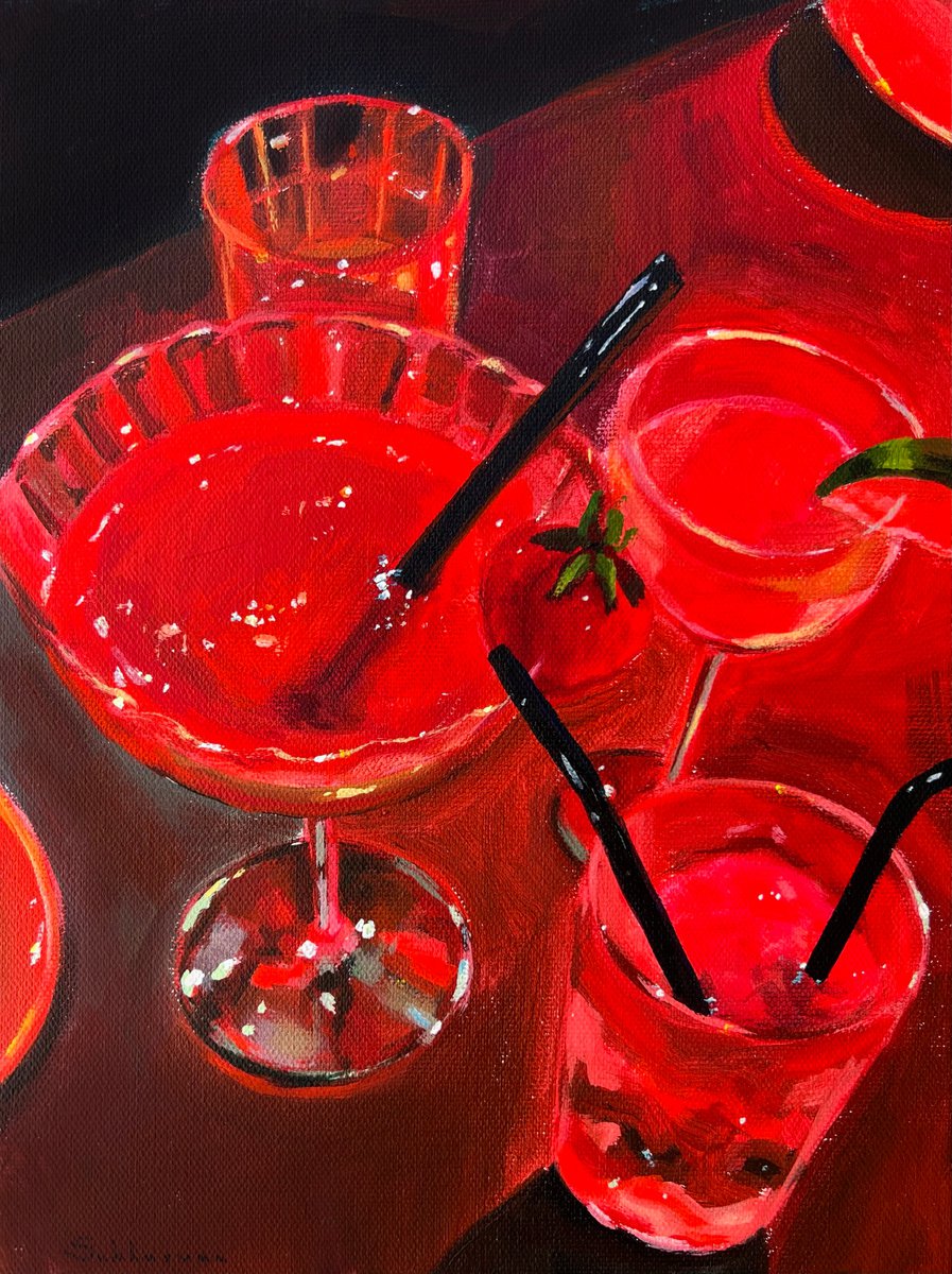 Impressionistic Still Life Acrylic Painting By Victoria Sukhasyan, 9 X 12", Still Life With Cocktails In Red, Original Artwork