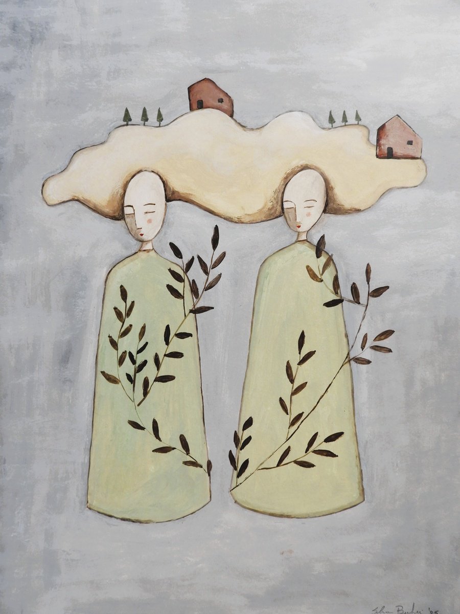 Illustrative Portrait Oil Painting By Silvia Beneforti, 12 X 17", Friendship, Original Artwork