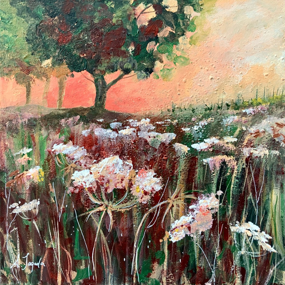 Dawn in the Meadow - wildflowers, trees, field by Alexandra Jagoda (Ovcharenko)