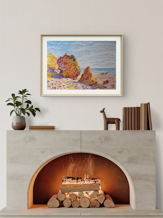 Sunlit Coastal Cliffs with Dogs