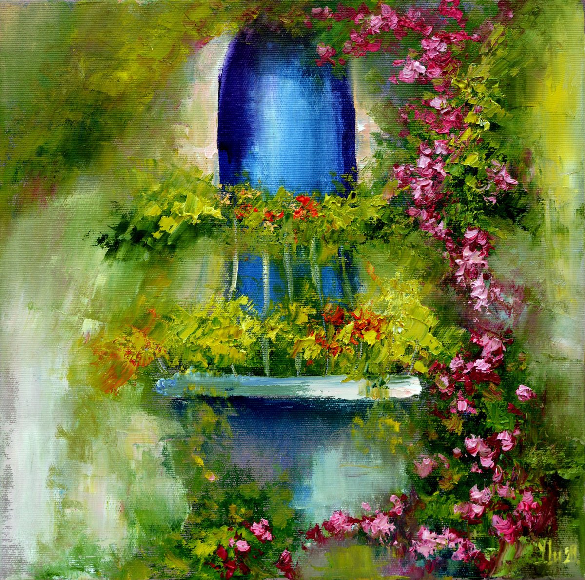 Impressionistic Botanical Oil Painting By Elena Lukina, 14 X 14, French Balcony With Flowers, Original Artwork