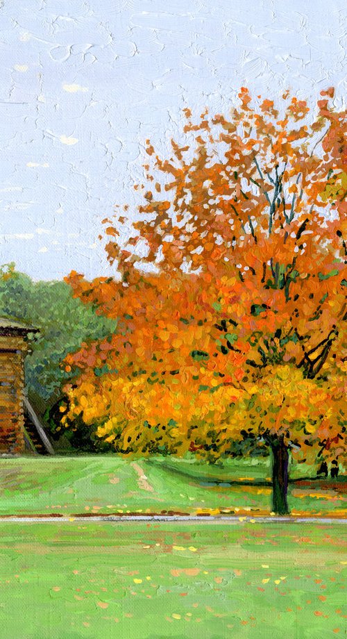 Orange maples near the tower Bratsky Ostrog by Simon Kozhin