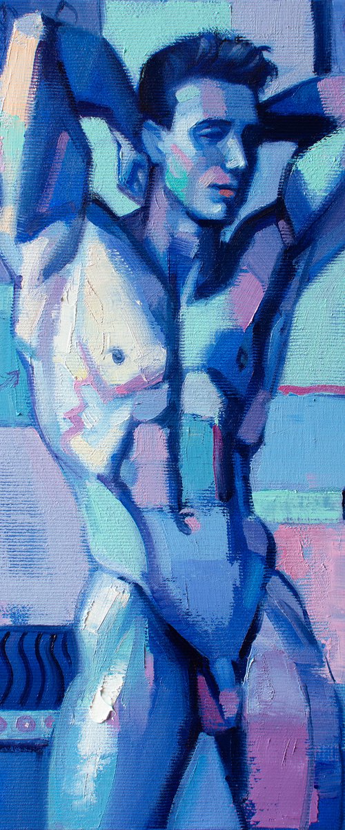 BLUE MALE TORSO by Yaroslav Sobol (Modern Abstract Figurative Oil painting of a Man Nude Male Model Gift Home Decor) by Yaroslav Sobol