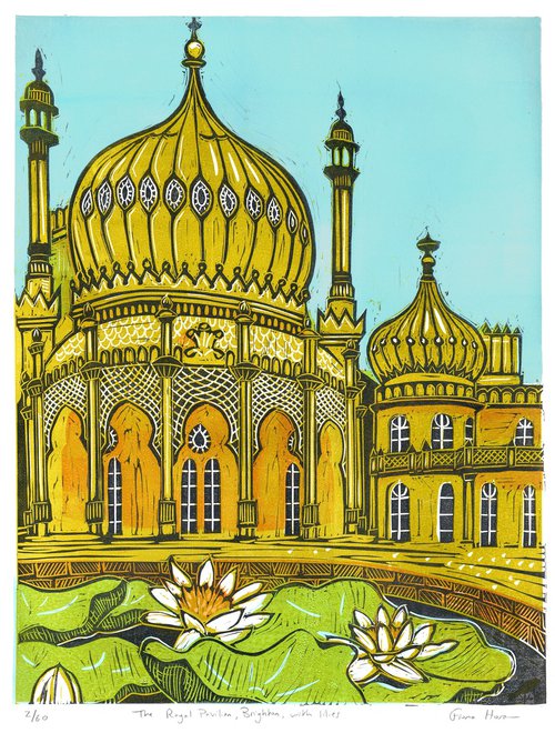 The Royal Pavilion, Brighton, with lilies. Large Limited Edition linocut No.2 by Fiona Horan
