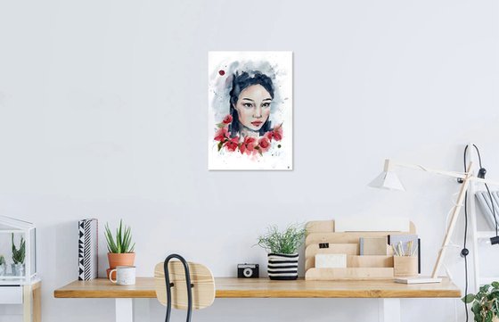 Asian woman with poppies