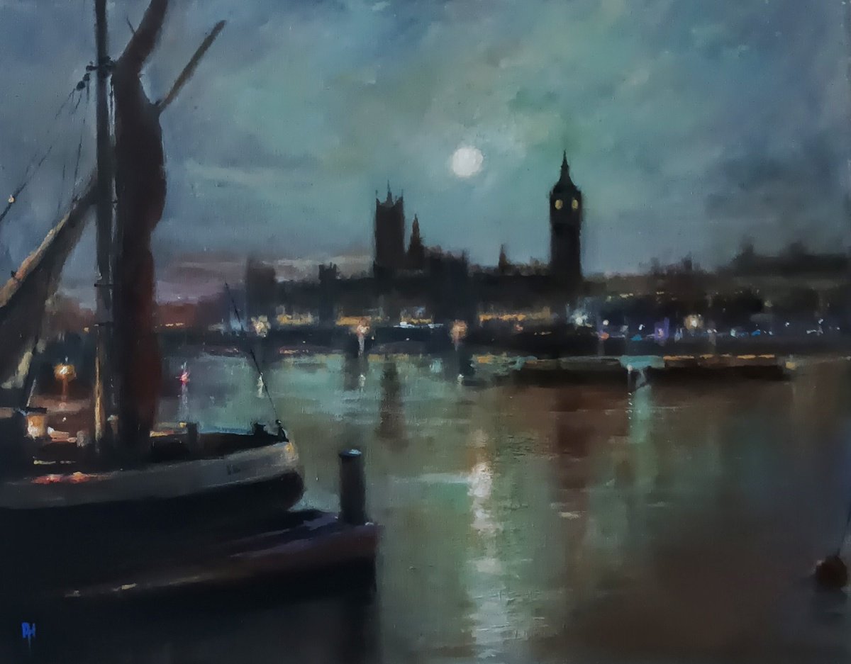 Impressionistic Cityscapes Acrylic Painting By Alan Harris, 20 X 16, Thames Nocturne, London, Original Artwork