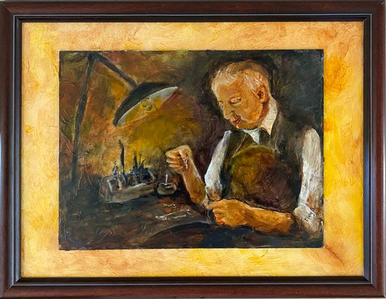 Unique, Vintage, Jewerly Maker Oil Painting on a gessoed un-tempered masonite with different glazes and semiglazes fully framed