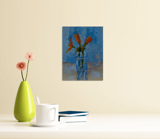 Abstract still life oil painting. Flowers in glass