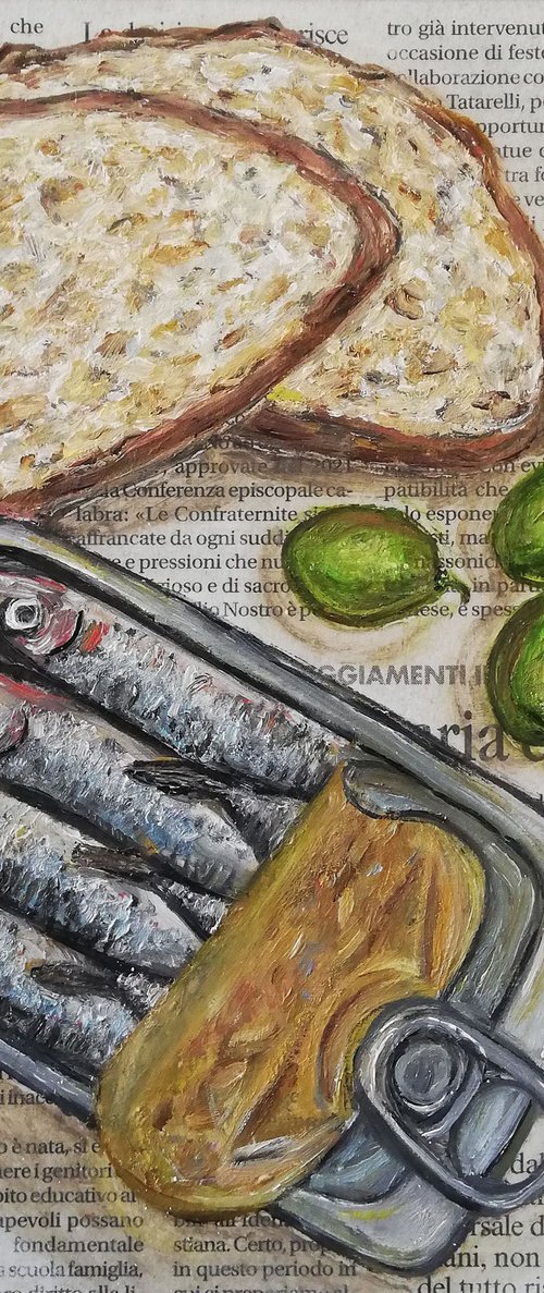 "Sardines Tin with Bread Slices, Olives and Lemon on Newspaper" Original Oil on Wooden Board Painting 8 by 8"(20x20cm) by Katia Ricci
