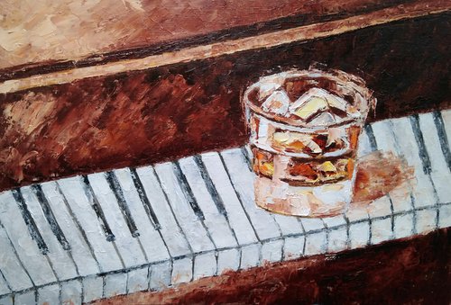 Whiskey solo, Bourbon Painting Original Art Whiskey Ice Wall Art Piano Keys Artwork by Yulia Berseneva