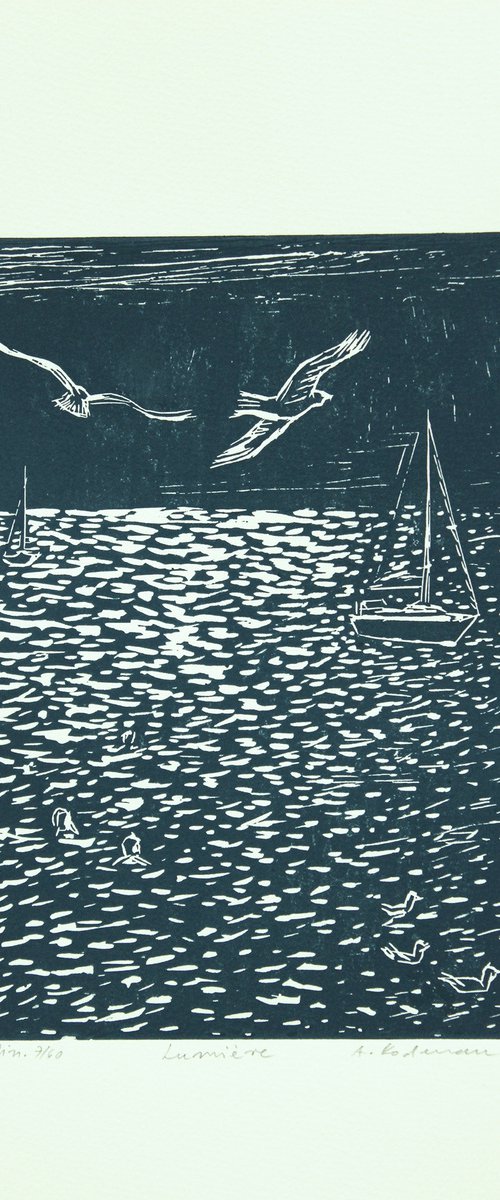 Lumière 2020, linocut on paper, 25 x 19,5 cm by Alenka Koderman