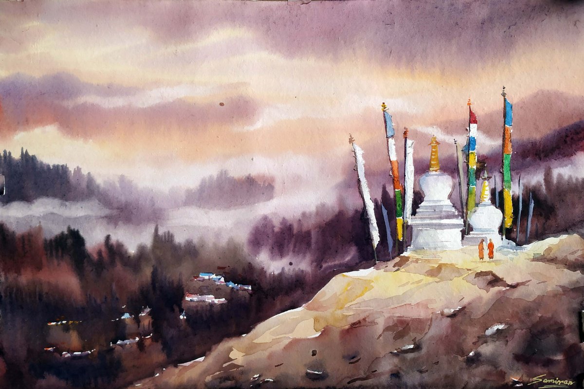 Impressionistic Landscape Watercolour By Samiran Sarkar, 22 X 15", Buddhist Stupa In Himalaya, Original Artwork