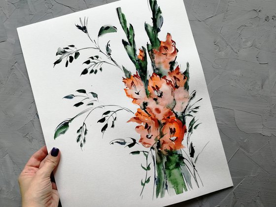 Gladiolus painting/ Red flowers art