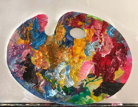 Multicolored Textured  Abstract Artwork on a Wooden Painter's Palette