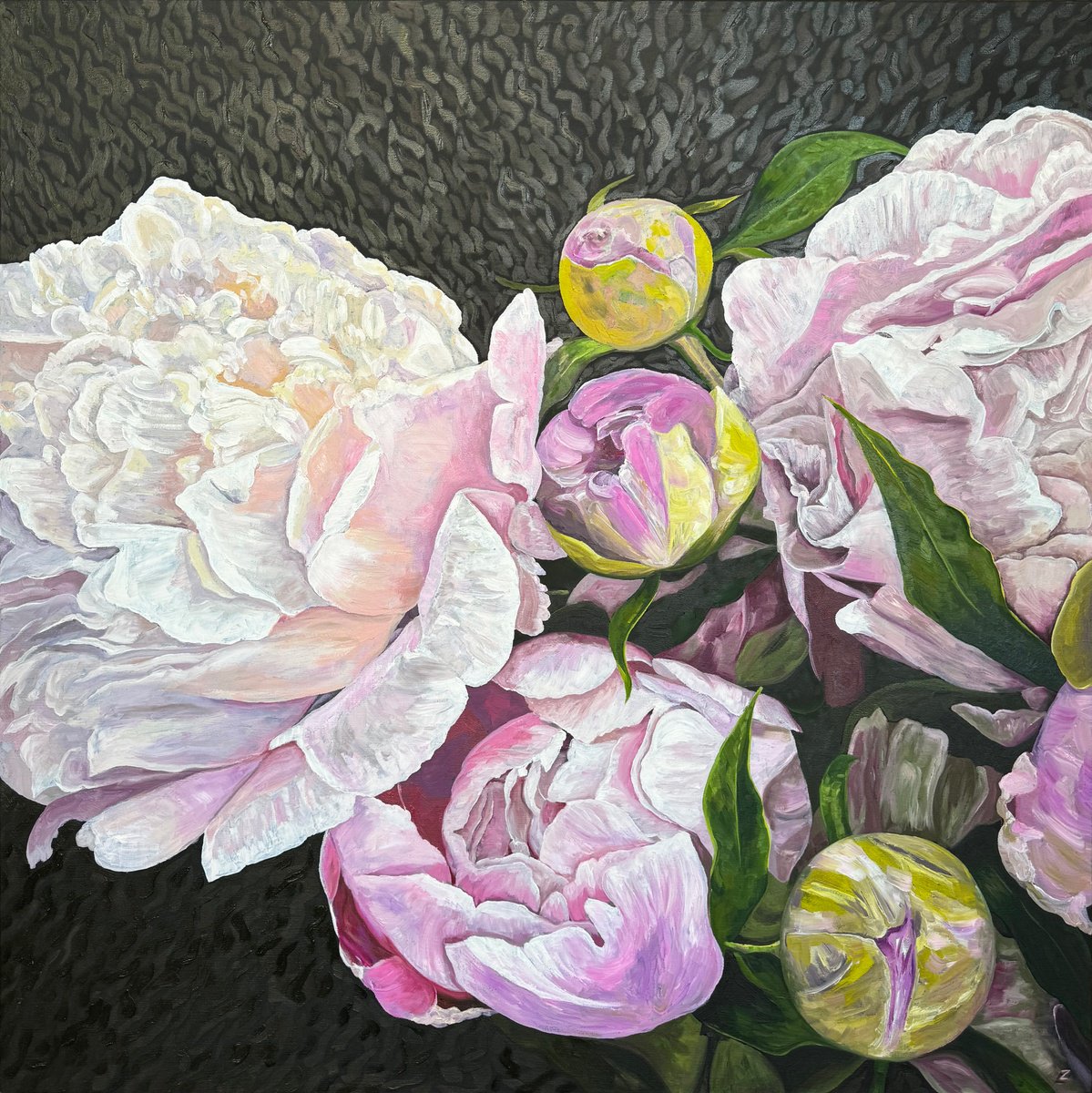 Impressionistic Botanical Oil Painting By Zulfiya Mukhamadeyeva, 35 X 35", Dark Beauty, Original Artwork