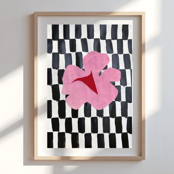 Pink Flower on Checkerboard