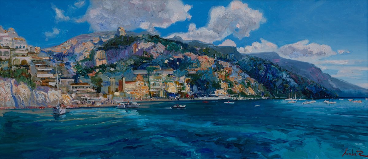 Impressionistic Landscape Oil Painting By Khanlar Asadullayev, 43 X 20", Positano, Original Artwork