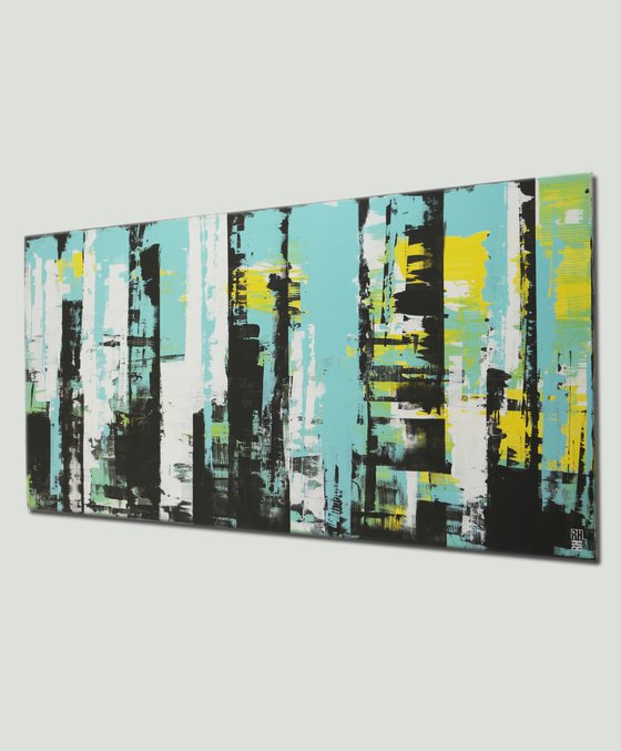 XL Abstract Painting - Static in Blue Landscape - 180x90 cm - Ronald Hunter - 3M