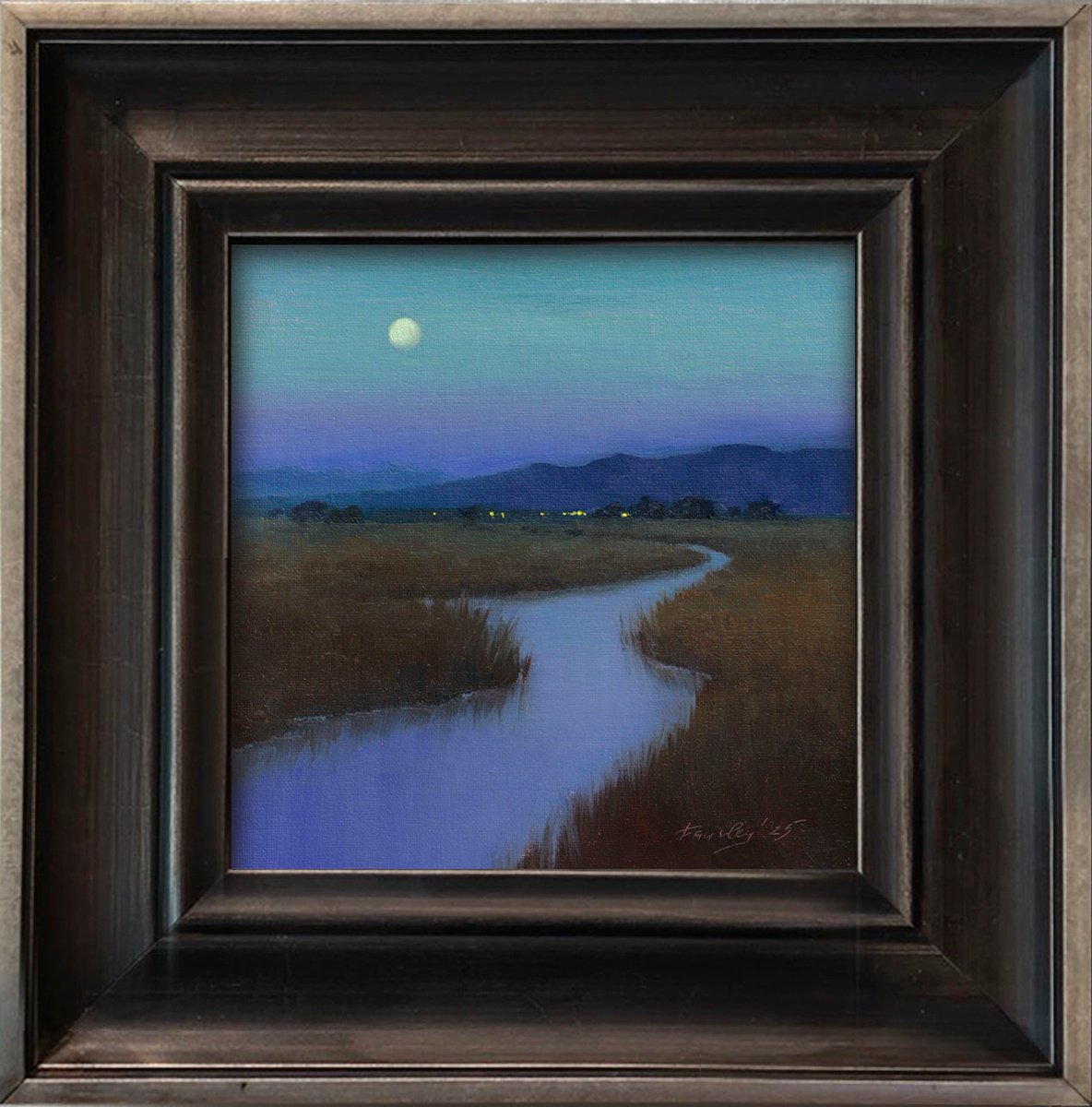 Impressionistic Landscape Oil Painting By Ayna Paisley, 9 X 9, The Creek And The Moon, Original Artwork