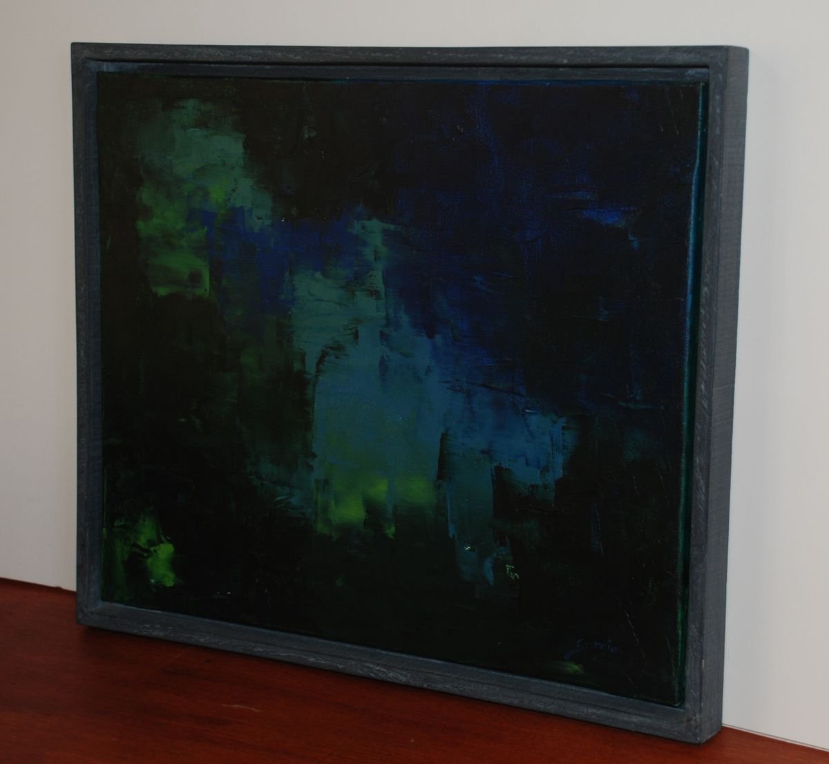 Abstract Landscape Oil Painting By Saroja Van Der Stegen, 20 X 17", Blue-Green (Ref#:295-8F), Original Artwork